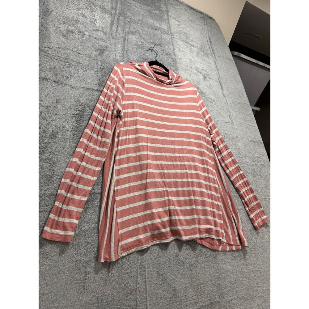 LOFT Outlet Womens S Pink Grey Striped Mock Neck Top Casual Preppy Shirt