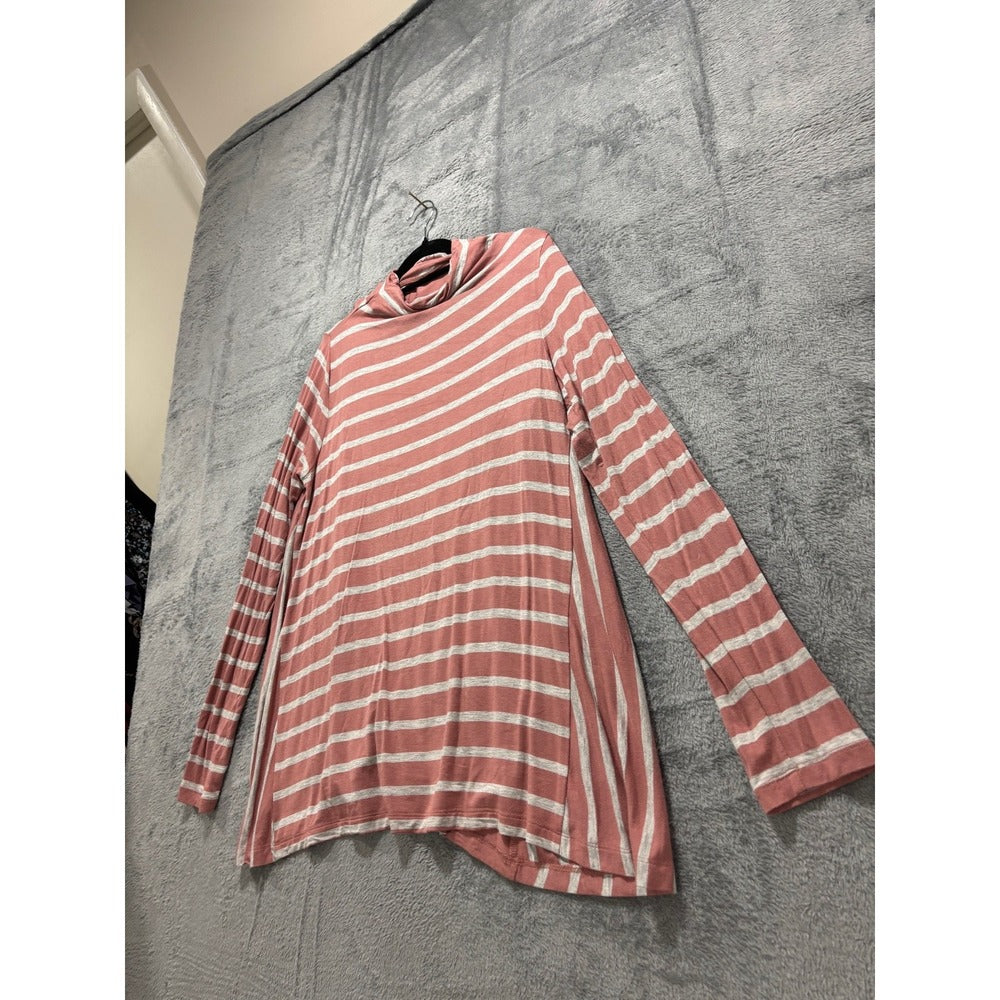 LOFT Outlet Womens S Pink Grey Striped Mock Neck Top Casual Preppy Shirt