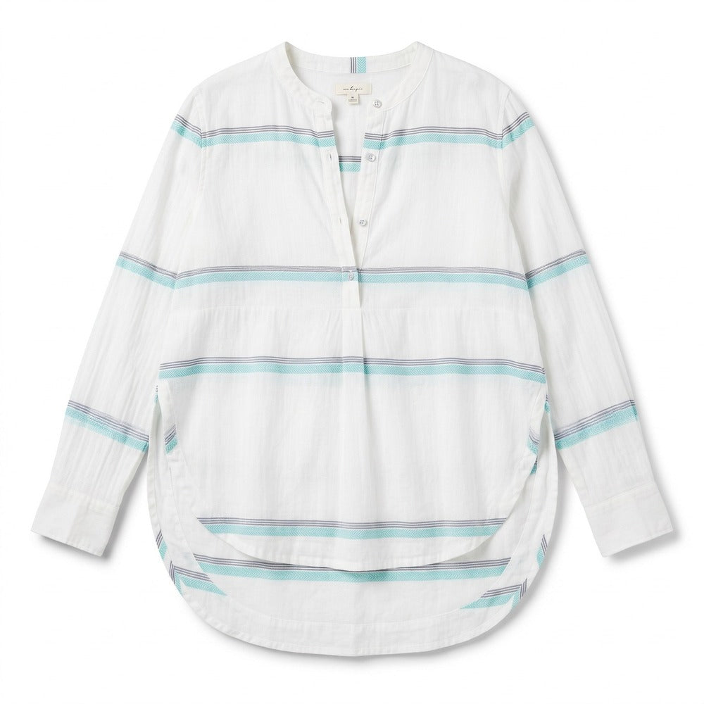 Lou & Grey Womens S White Teal Navy Stripe Henley Top Boho Casual Tunic