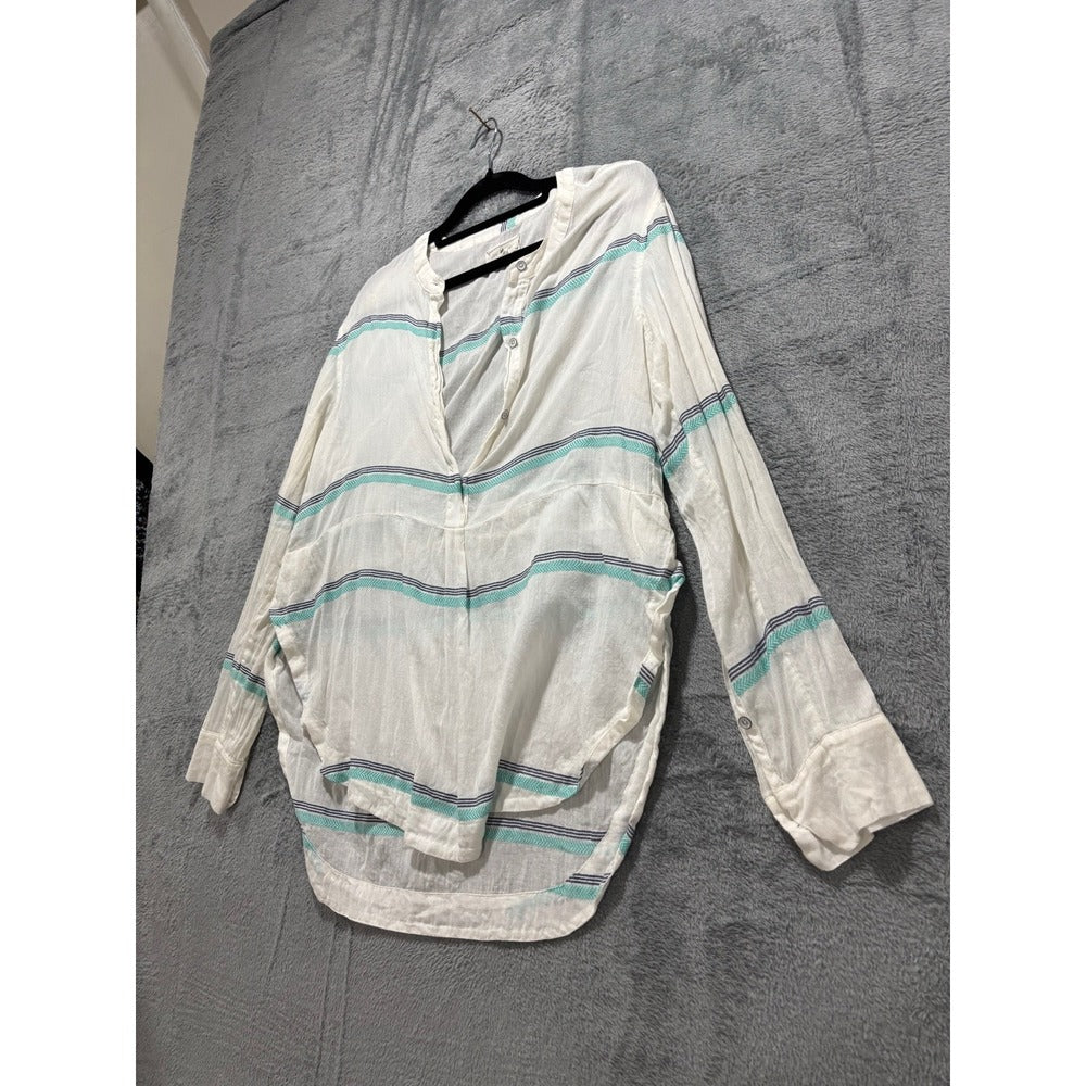 Lou & Grey Womens S White Teal Navy Stripe Henley Top Boho Casual Tunic