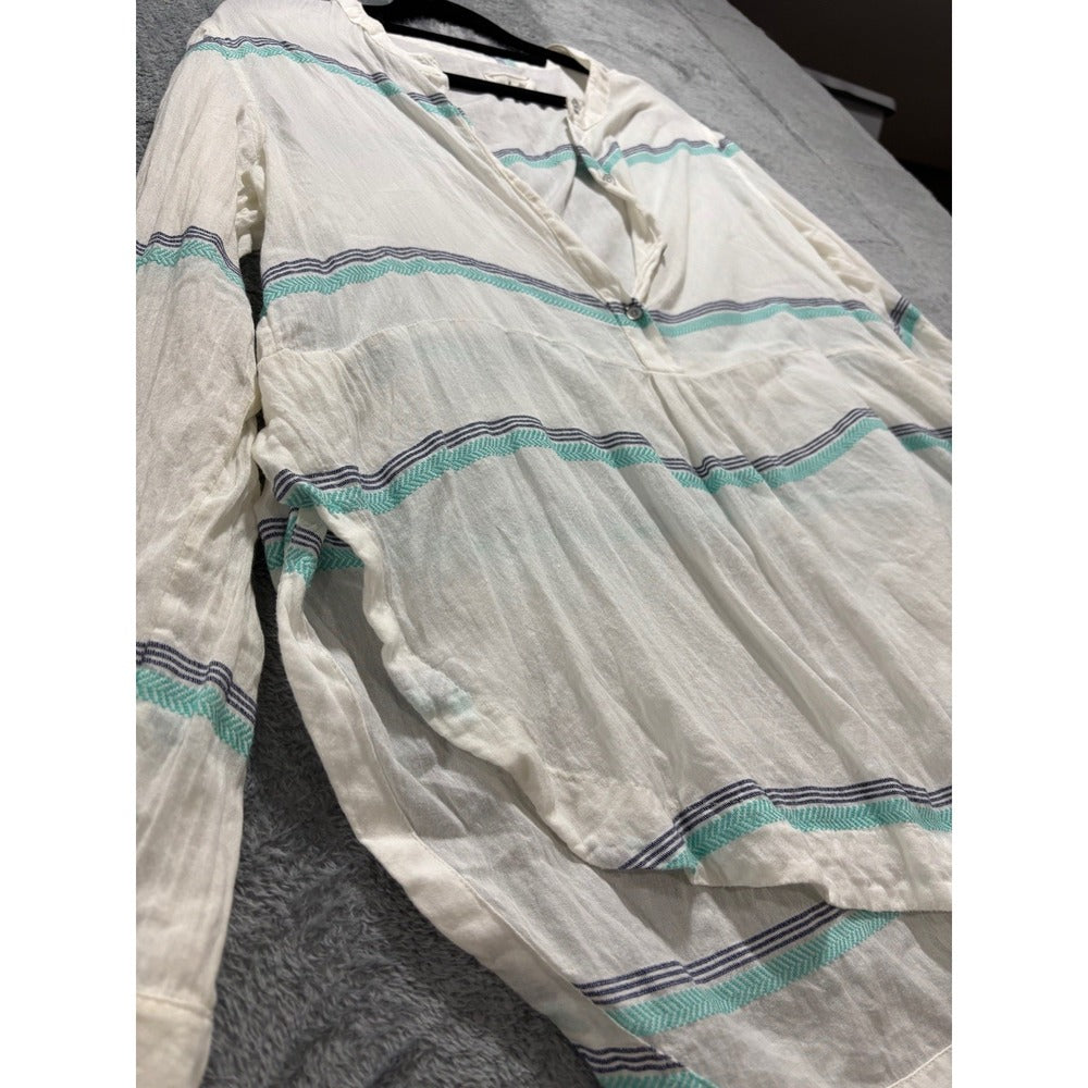 Lou & Grey Womens S White Teal Navy Stripe Henley Top Boho Casual Tunic