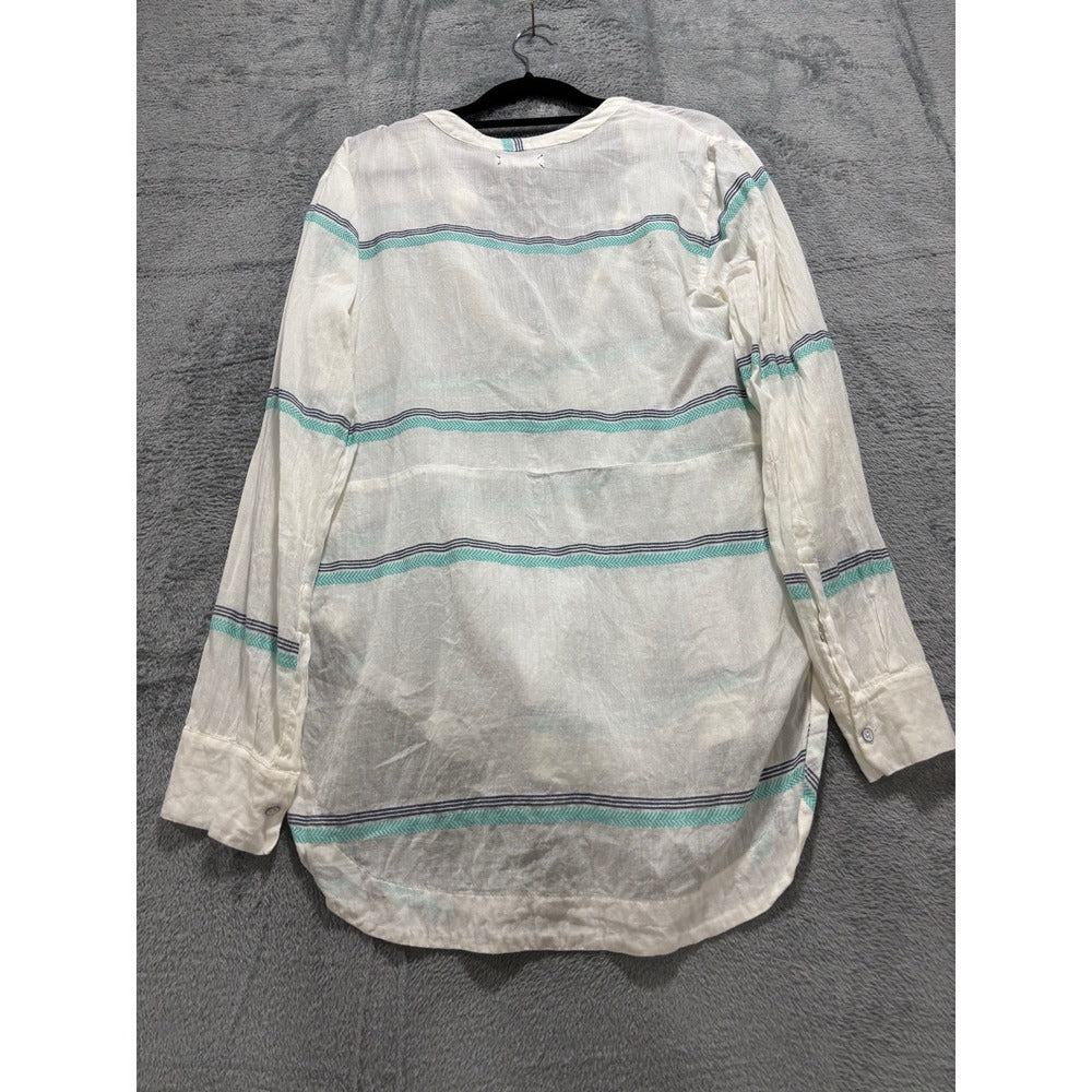 Lou & Grey Womens S White Teal Navy Stripe Henley Top Boho Casual Tunic
