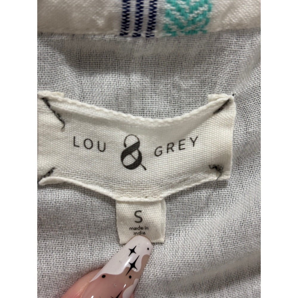 Lou & Grey Womens S White Teal Navy Stripe Henley Top Boho Casual Tunic