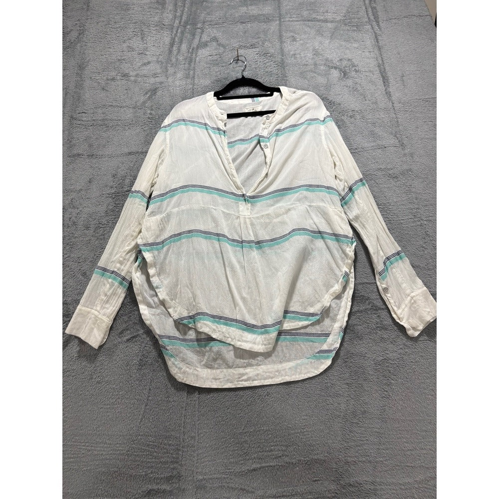 Lou & Grey Womens S White Teal Navy Stripe Henley Top Boho Casual Tunic