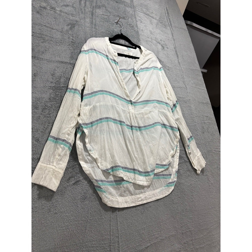 Lou & Grey Womens S White Teal Navy Stripe Henley Top Boho Casual Tunic
