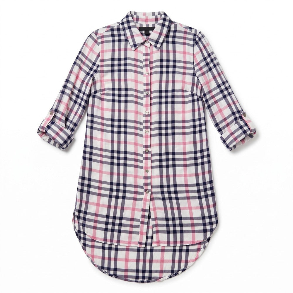 New York & Company S Womens White Navy Pink Plaid Tunic Shirt Preppy Casual