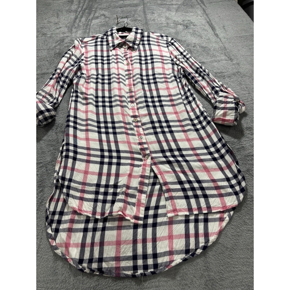New York & Company S Womens White Navy Pink Plaid Tunic Shirt Preppy Casual