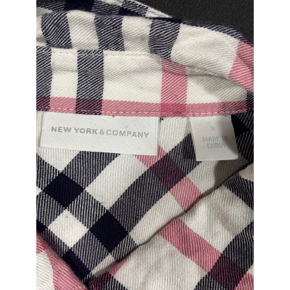 New York & Company S Womens White Navy Pink Plaid Tunic Shirt Preppy Casual