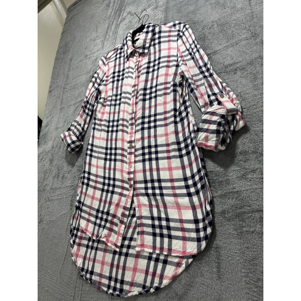 New York & Company S Womens White Navy Pink Plaid Tunic Shirt Preppy Casual