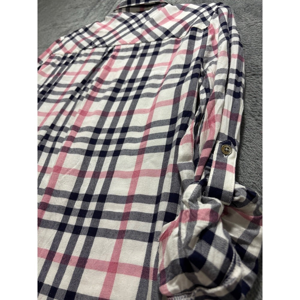 New York & Company S Womens White Navy Pink Plaid Tunic Shirt Preppy Casual