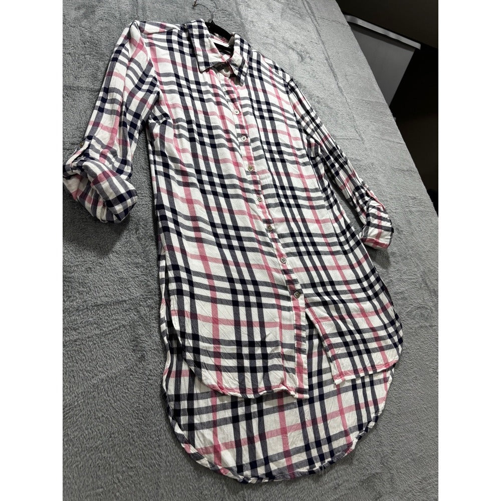 New York & Company S Womens White Navy Pink Plaid Tunic Shirt Preppy Casual