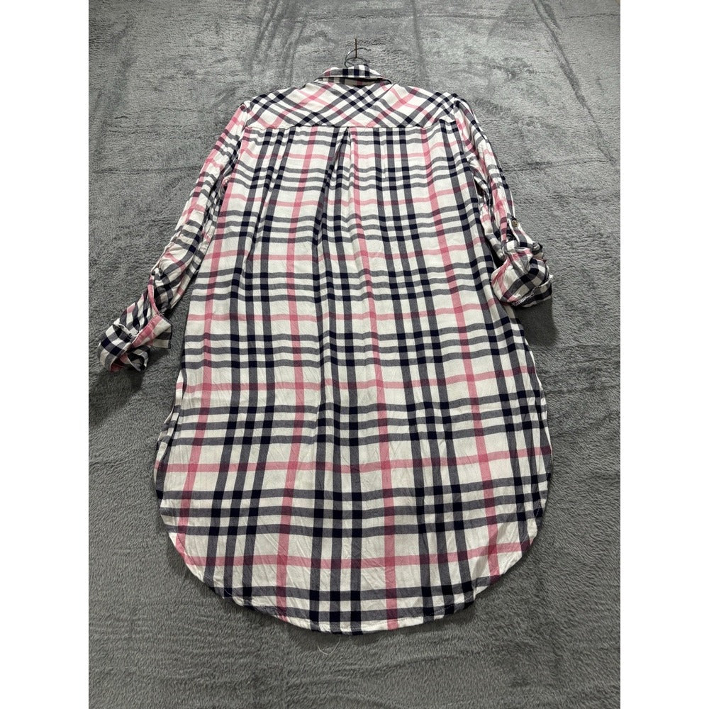 New York & Company S Womens White Navy Pink Plaid Tunic Shirt Preppy Casual