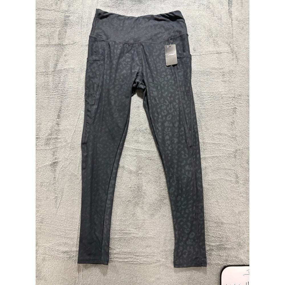 Yitong L Black Leopard Embossed High Waist Leggings Womens Athleisure Casual NWT