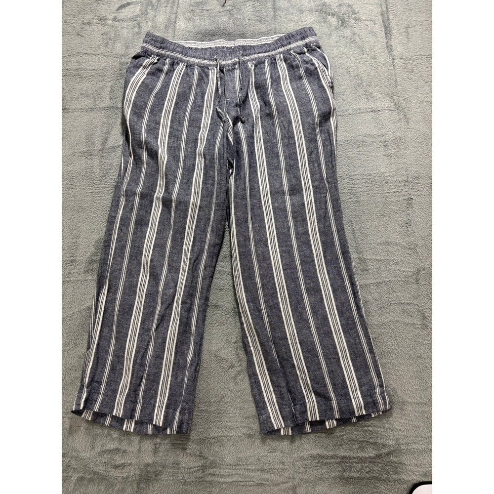 Old Navy L Blue Striped Linen Blend Drawstring Pants Womens Coastal Boho Casual