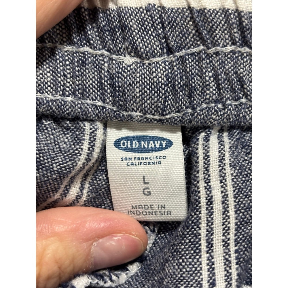 Old Navy L Blue Striped Linen Blend Drawstring Pants Womens Coastal Boho Casual