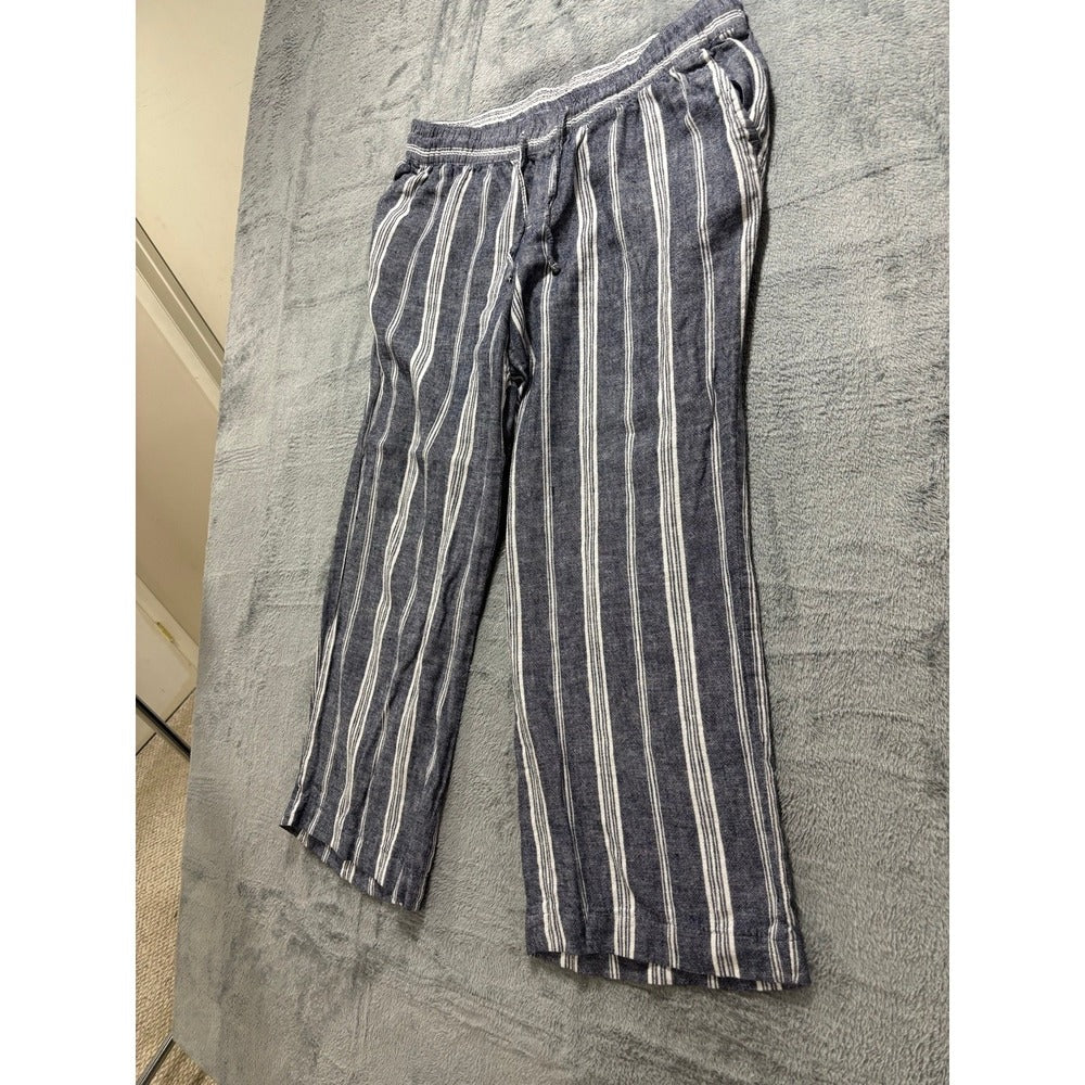 Old Navy L Blue Striped Linen Blend Drawstring Pants Womens Coastal Boho Casual