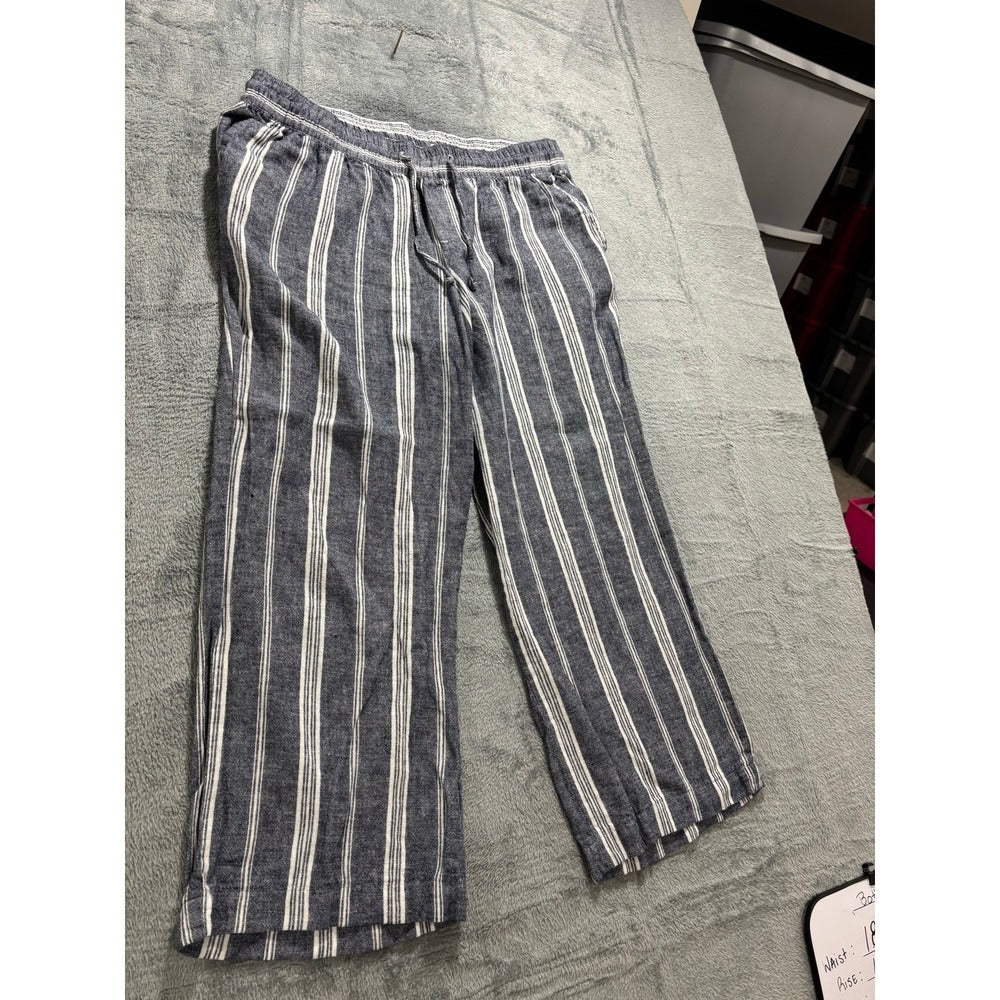 Old Navy L Blue Striped Linen Blend Drawstring Pants Womens Coastal Boho Casual