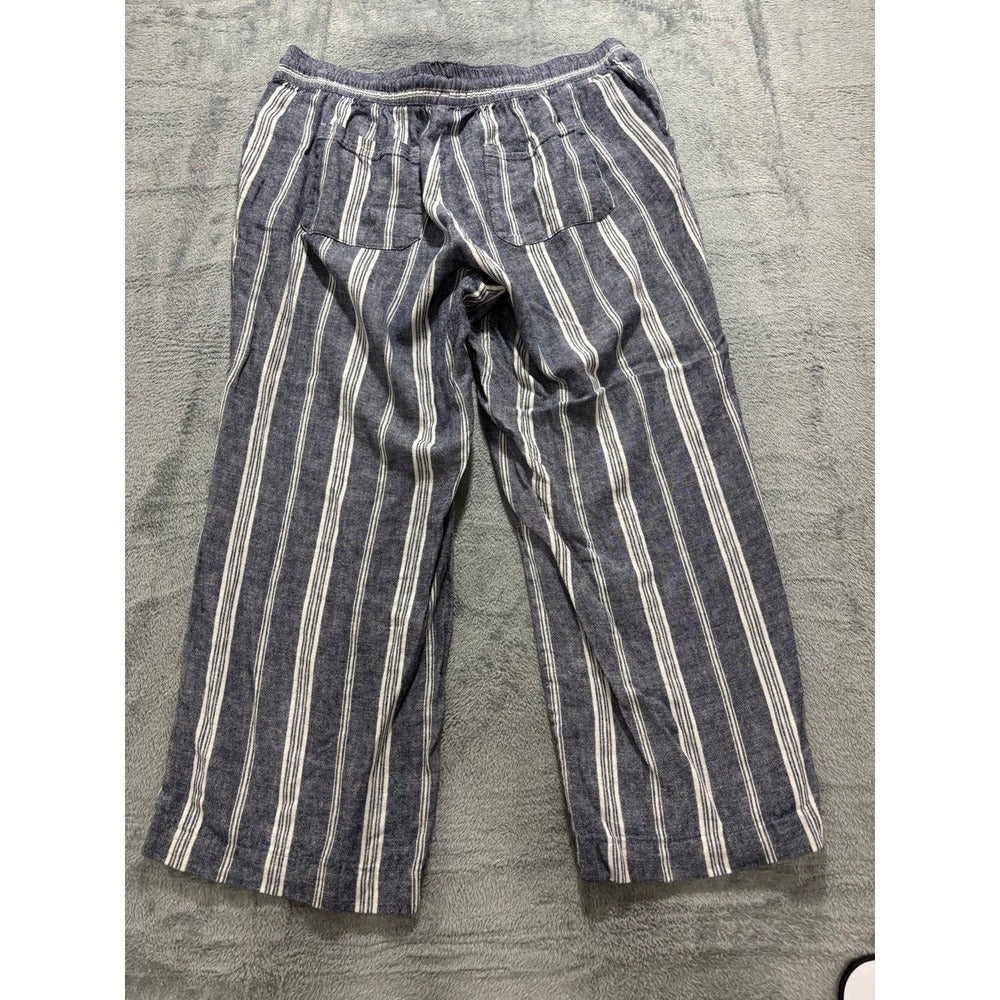 Old Navy L Blue Striped Linen Blend Drawstring Pants Womens Coastal Boho Casual