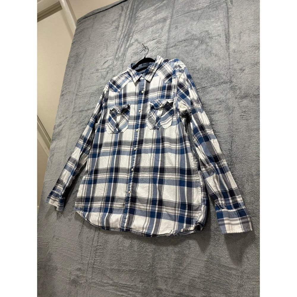 American Eagle XXL Blue White Plaid Snap Front Western Shirt Vintage Casual