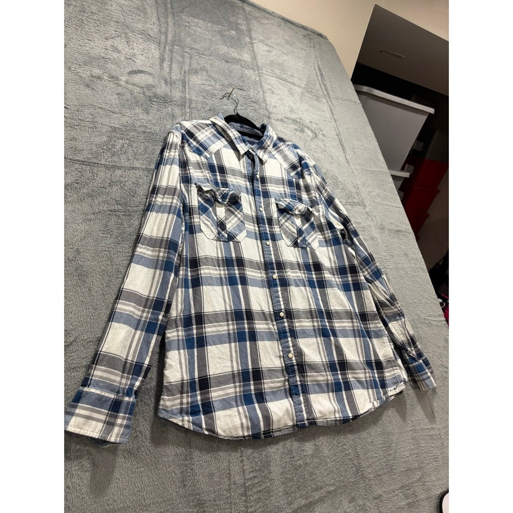 American Eagle XXL Blue White Plaid Snap Front Western Shirt Vintage Casual