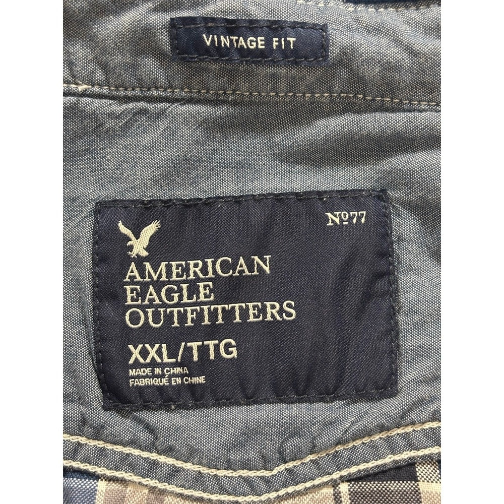 American Eagle XXL Blue White Plaid Snap Front Western Shirt Vintage Casual
