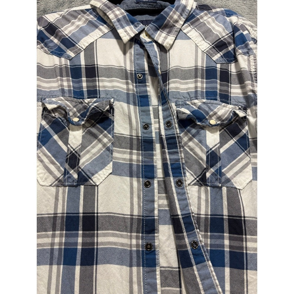 American Eagle XXL Blue White Plaid Snap Front Western Shirt Vintage Casual
