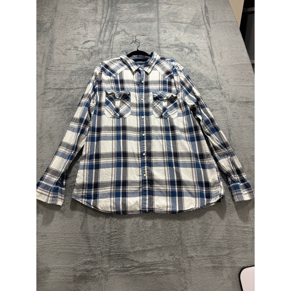 American Eagle XXL Blue White Plaid Snap Front Western Shirt Vintage Casual