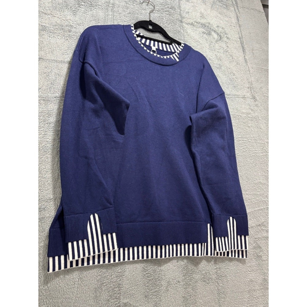 Disamer L Womens Navy Blue Striped Crewneck Sweater