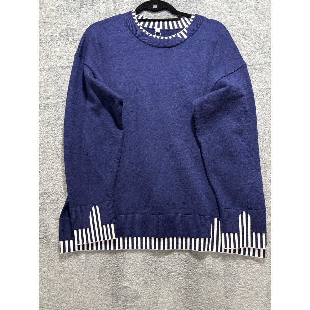 Disamer L Womens Navy Blue Striped Crewneck Sweater