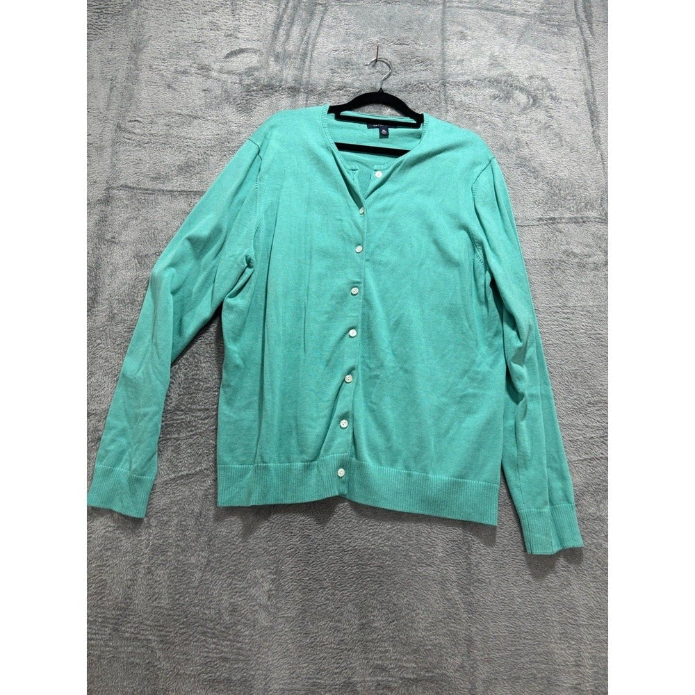 Lands' End XL Womens Teal Green Button Front Cardigan Sweater Preppy Casual