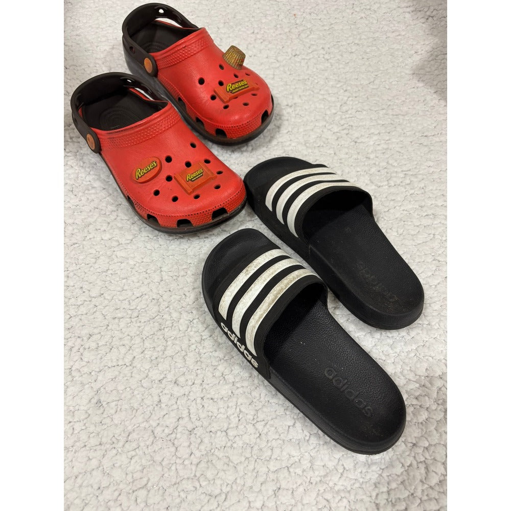 Adidas 2 Black Slides & Crocs 2 Orange Reese's Clogs Kids Shoe Lot Athleisure
