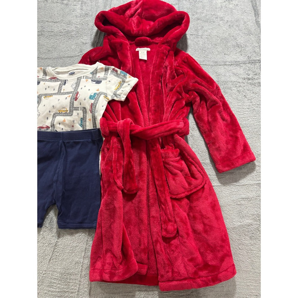 Pottery Barn Old Navy Boys 4-7 Red Robe Pizza Pajama Bundle 3pc Cozy Winter Set
