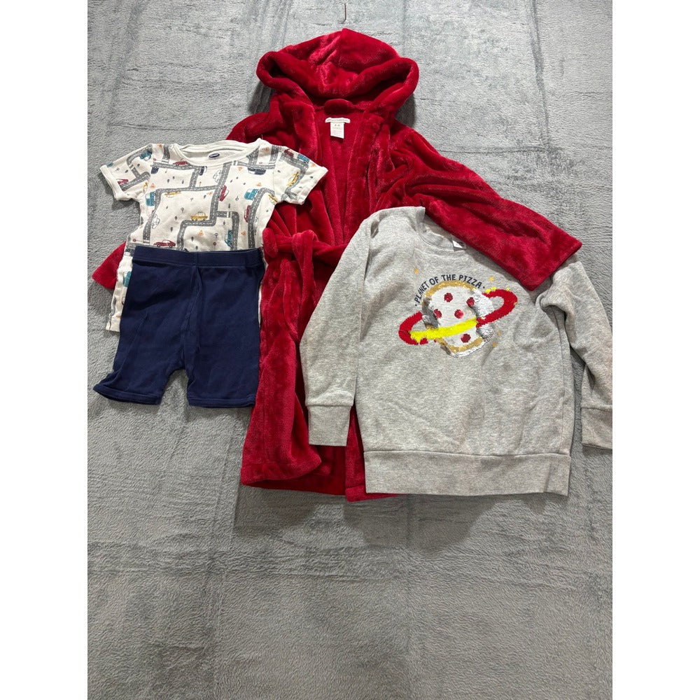 Pottery Barn Old Navy Boys 4-7 Red Robe Pizza Pajama Bundle 3pc Cozy Winter Set