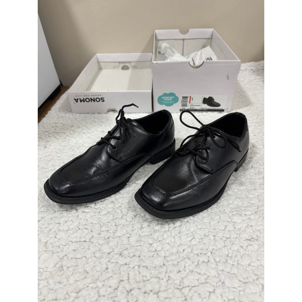 Sonoma Boys Size 1 Black Lace Up Dress Shoes Memory Foam Preppy Formal Wedding