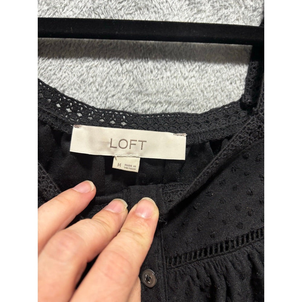 LOFT M Black Swiss Dot Flutter Sleeve Square Neck Top Womens Boho Casual Blouse