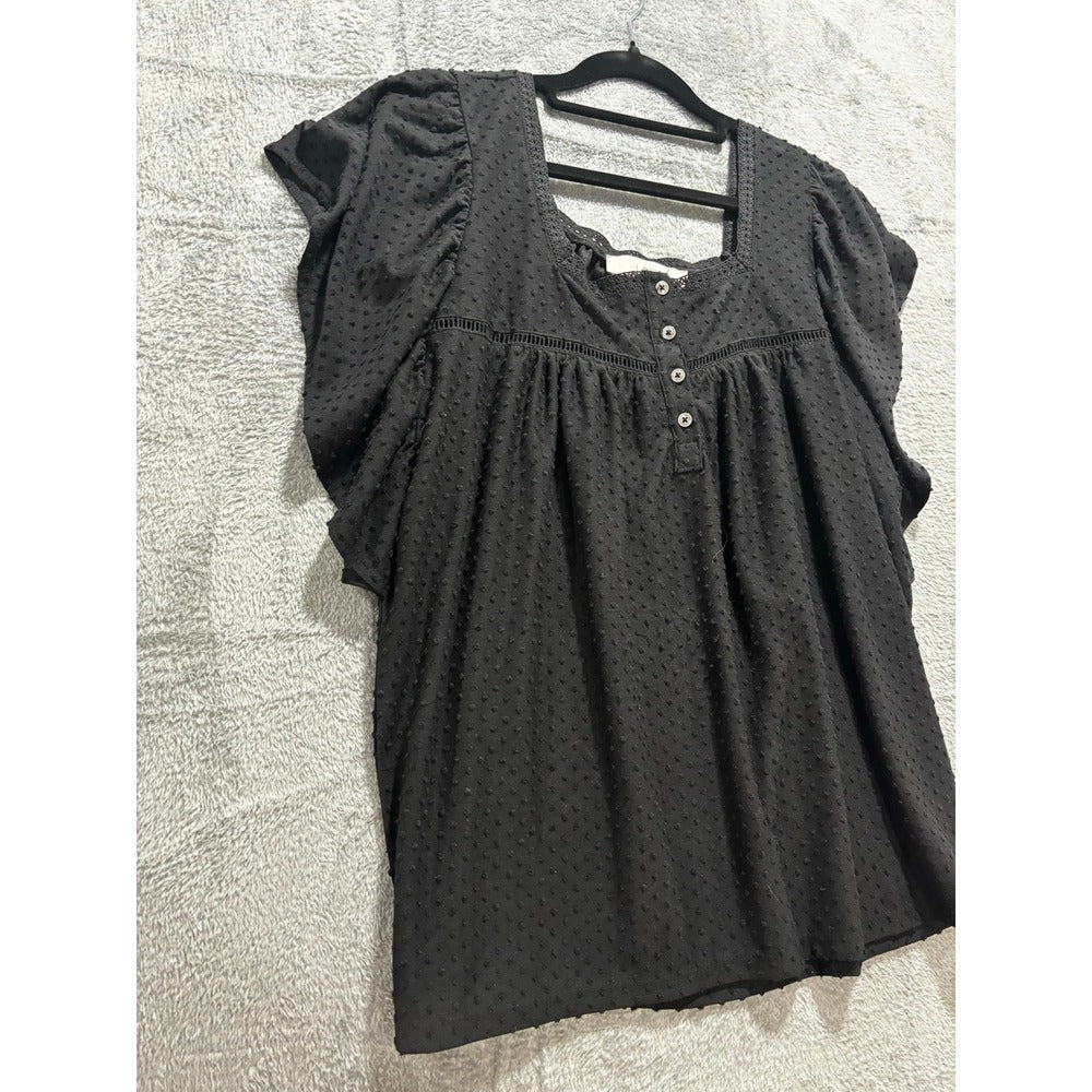 LOFT M Black Swiss Dot Flutter Sleeve Square Neck Top Womens Boho Casual Blouse
