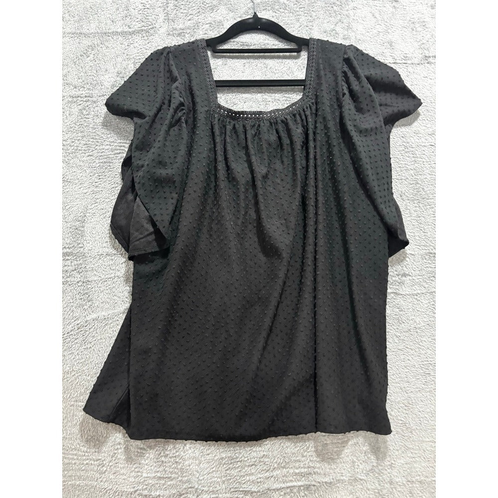 LOFT M Black Swiss Dot Flutter Sleeve Square Neck Top Womens Boho Casual Blouse