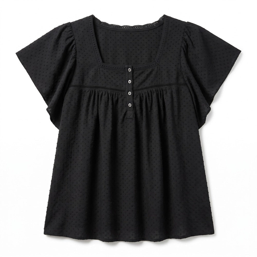 LOFT M Black Swiss Dot Flutter Sleeve Square Neck Top Womens Boho Casual Blouse
