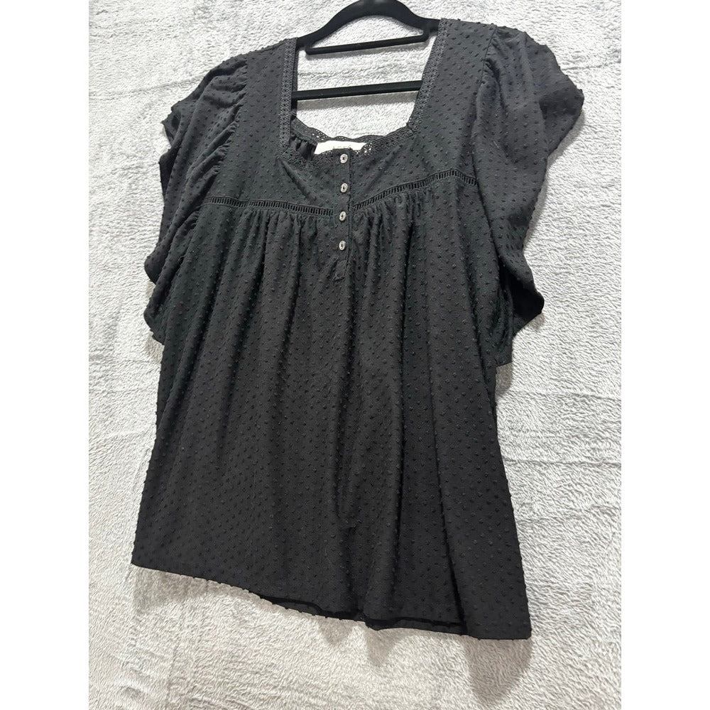 LOFT M Black Swiss Dot Flutter Sleeve Square Neck Top Womens Boho Casual Blouse