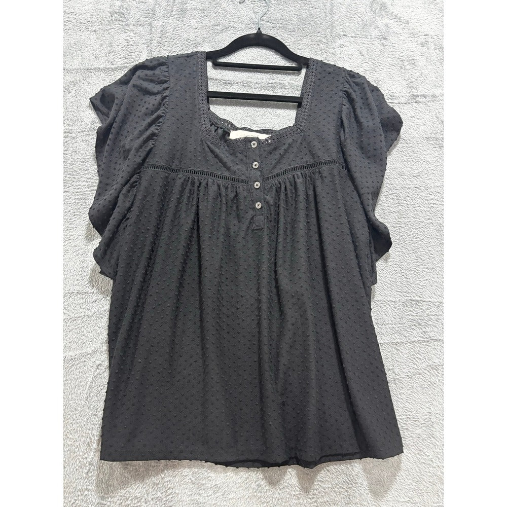 LOFT M Black Swiss Dot Flutter Sleeve Square Neck Top Womens Boho Casual Blouse