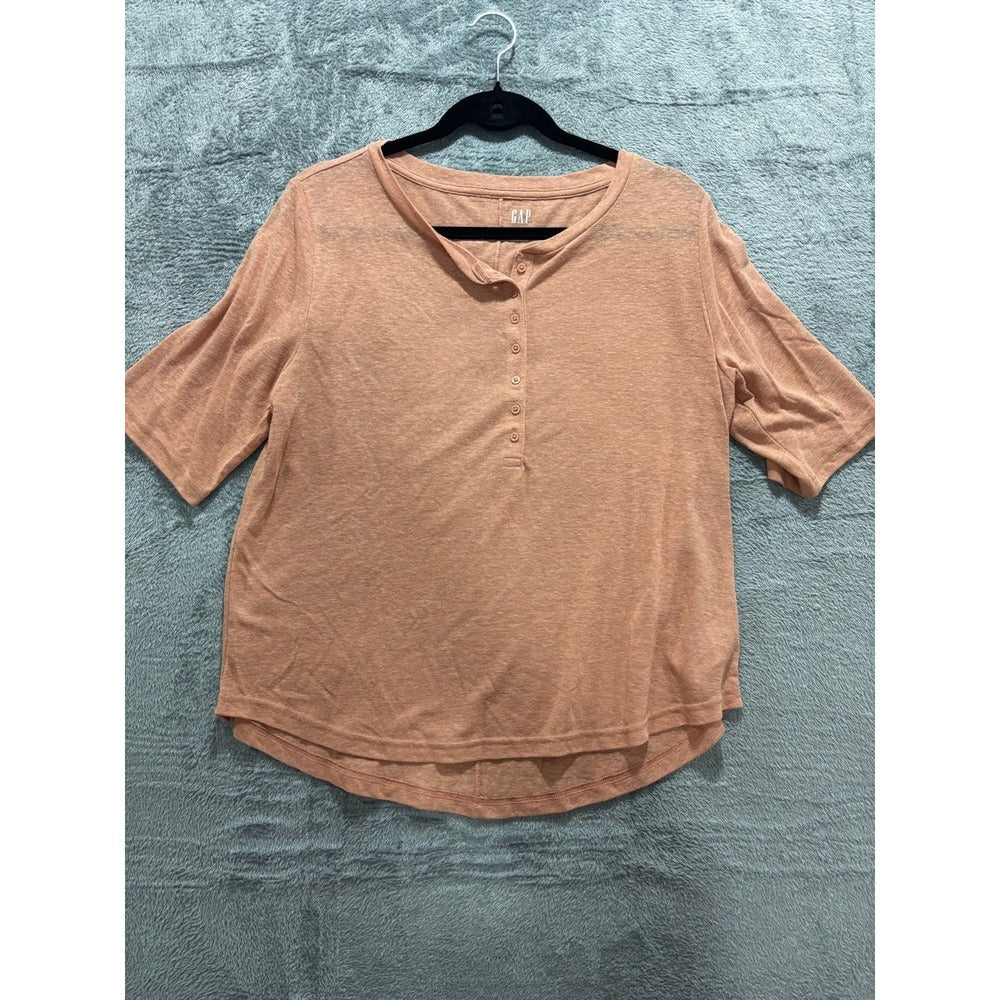 GAP M Womens Coral Pink Short Sleeve Henley Top Shirt Casual Minimalist Boho