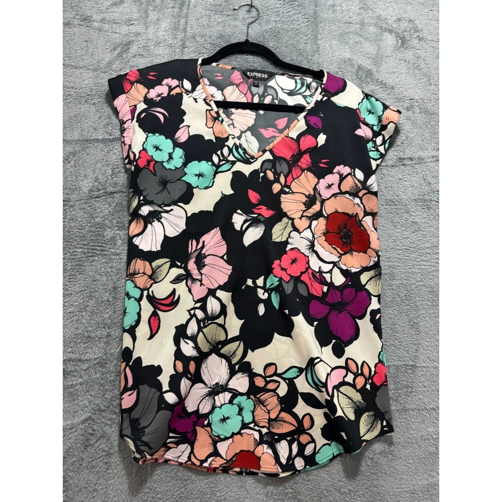 Express S/P Womens Black Multi Floral V-Neck Blouse Top Boho Casual