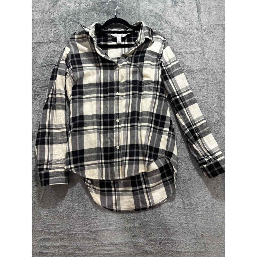 Old Navy M Womens Black White Plaid Flannel Shirt Casual Cozy Button Down
