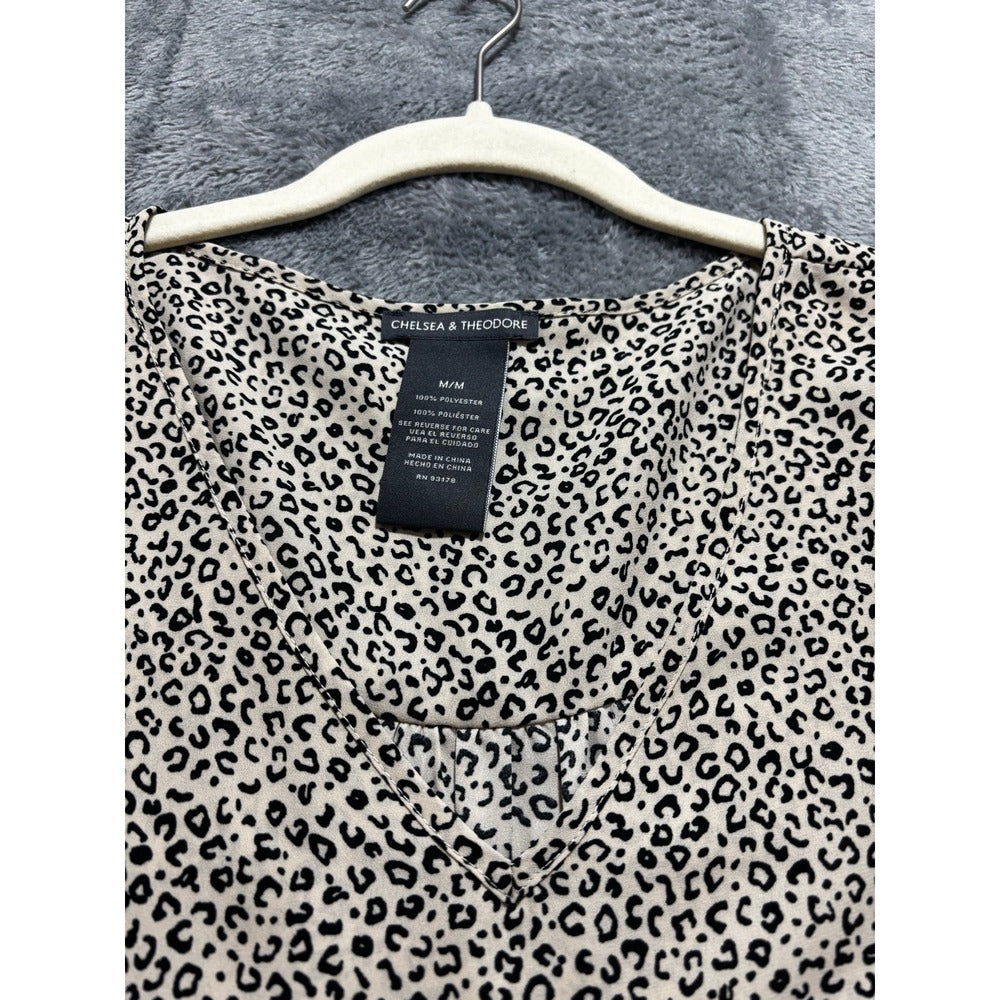 Chelsea & Theodore Womens M Tan Leopard Print Blouse V-Neck Casual Boho Top