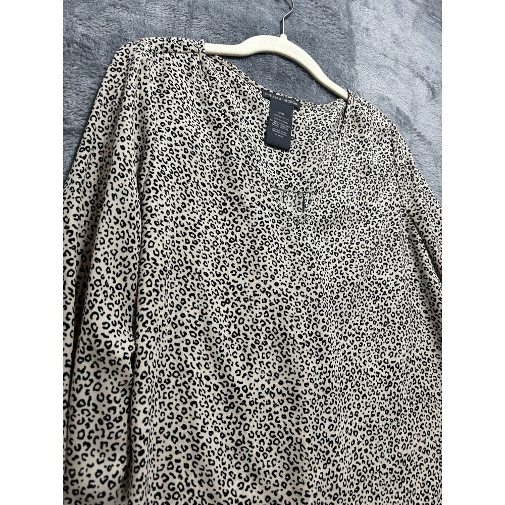 Chelsea & Theodore Womens M Tan Leopard Print Blouse V-Neck Casual Boho Top