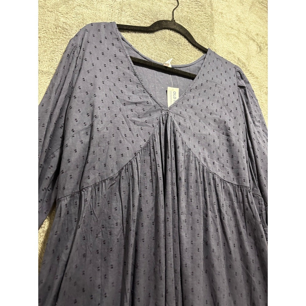 Old Navy M Womens Blue Swiss Dot Long Sleeve Babydoll Dress Boho Casual