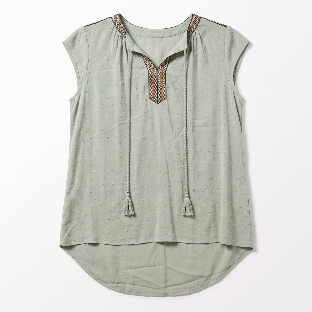 DR2 Womens M Sage Green Clip Dot Tassel Tie Boho Blouse Top Casual Festival