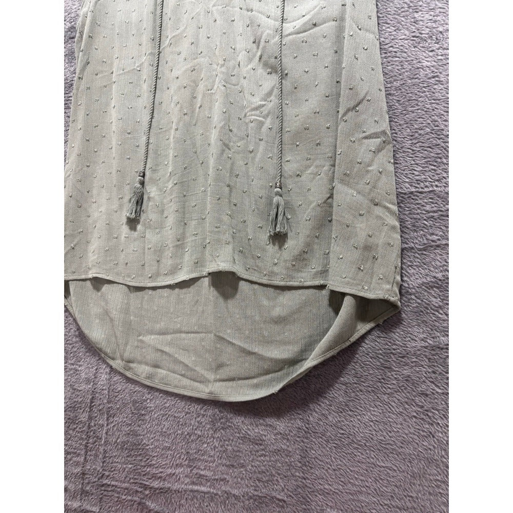 DR2 Womens M Sage Green Clip Dot Tassel Tie Boho Blouse Top Casual Festival