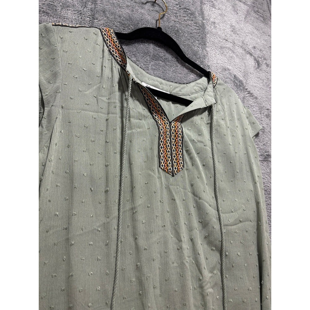 DR2 Womens M Sage Green Clip Dot Tassel Tie Boho Blouse Top Casual Festival
