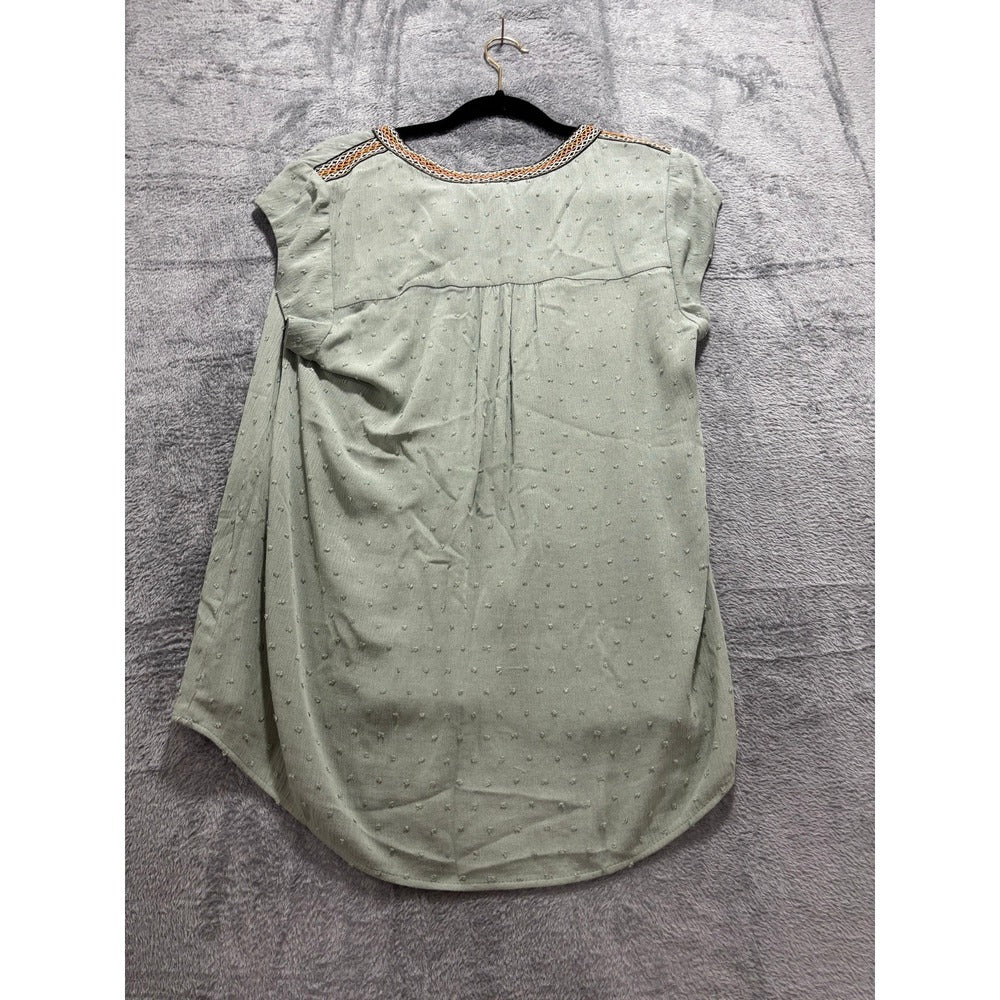 DR2 Womens M Sage Green Clip Dot Tassel Tie Boho Blouse Top Casual Festival
